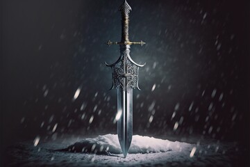 Fantasy sword in the winter snow