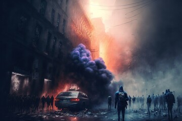 Riots and chaos on the streets of big city amidst protests. Fire and smoke on the street.