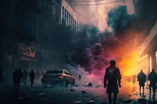 Riots and chaos on the streets of big city amidst protests. Fire and smoke on the street.