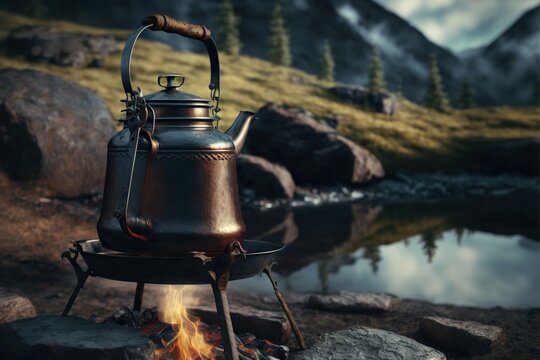 Kettle on the fire with lake and mountain in the background.