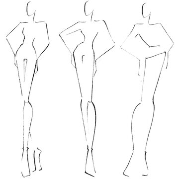 Technical Drawing Of Womans Figure Vector Thin Line Girl Model Template For Fashion  Sketching Womans Body Poses The Position Of The Hand At The Waist And  Walking On Runway Separate Layers Stock