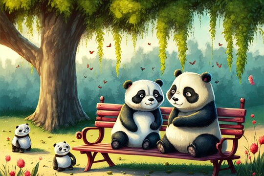 Scene With Cute Pandas In The Park