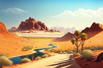Fototapeta na wymiar Desert Oasis With Long Road Landscape Scene