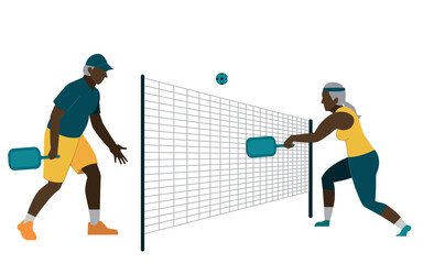 an elderly couple playing pickleball. Active old age. People of color go in for sports. Elderly people go in for sports. Pickleball. Activity. Vector flat illustration