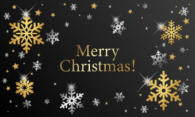 Fototapeta premium Christmas vector art background with gold and white snowflakes and black backdrop for cards. Holiday winter luxury template for cover design, flyer, poster, banner. Merry Christmas! Happy New Year!