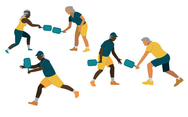 an elderly couple playing pickleball. Active old age. People of color go in for sports. Elderly people go in for sports. Pickleball. Activity. Vector flat illustration