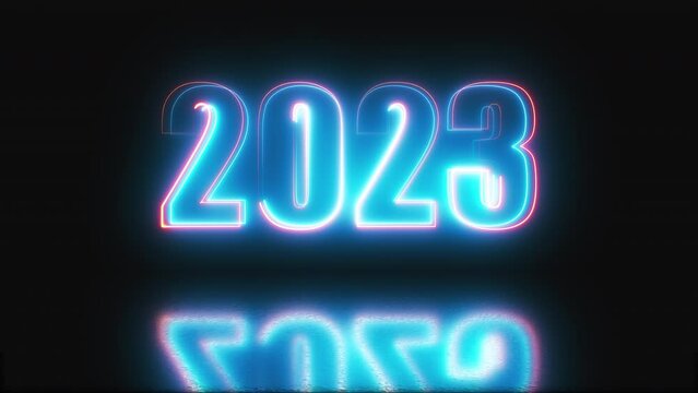 2023 neon text with reflection. Computer generated 3d render
