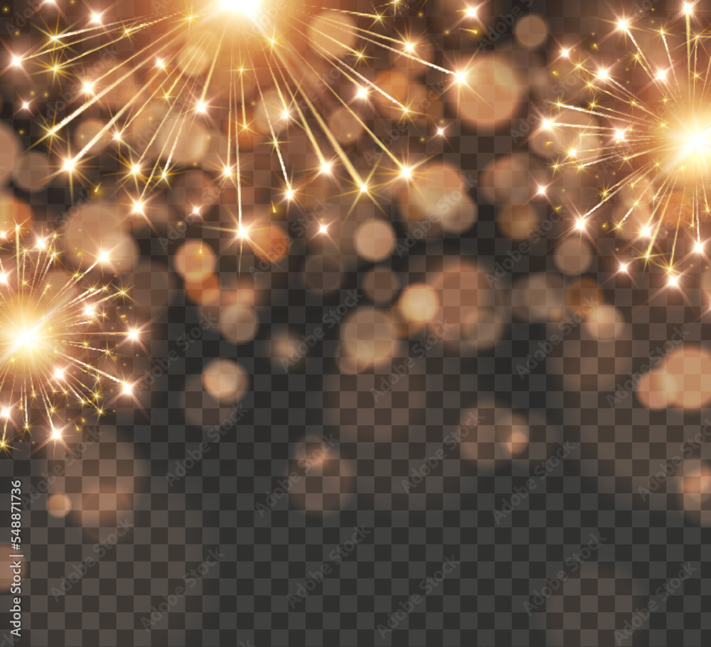 Wall mural fireworks and bokeh lights effect isolated on transparent background. vector golden new year rockets