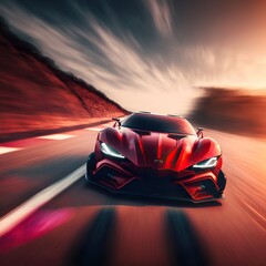 Epic red sports car concept full speed on race test course. 3d render digitally generated idea. - obrazy, fototapety, plakaty