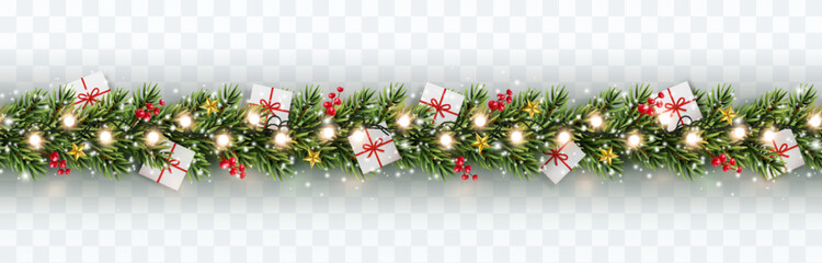 Border with green fir branches, gift boxes, berries, snowflakes, lights isolated on transparent background. Pine, xmas evergreen plants seamless banner. Vector Christmas tree and garland decoration 