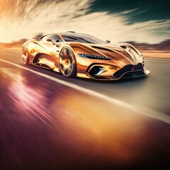 Obraz na płótnie Canvas Epic gold sports car concept full speed on race test course. 3d render digitally generated idea.