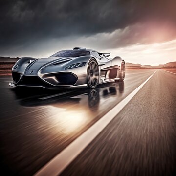 Epic silver sports car concept full speed on race test course. 3d render digitally generated idea.