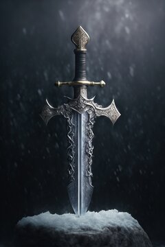 Epic medieval gothic ornate sword in stone with snow and wind weather. Christian religion symbol. Epic 3d render fantasy weapon.