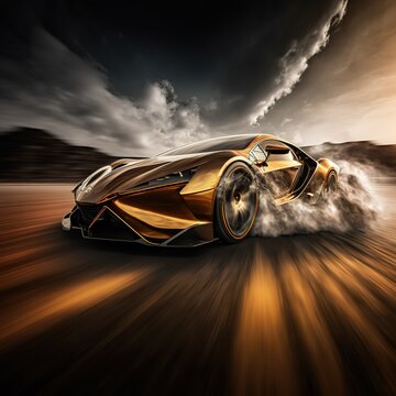 Epic gold sports car concept full speed on race test course. 3d render digitally generated idea.