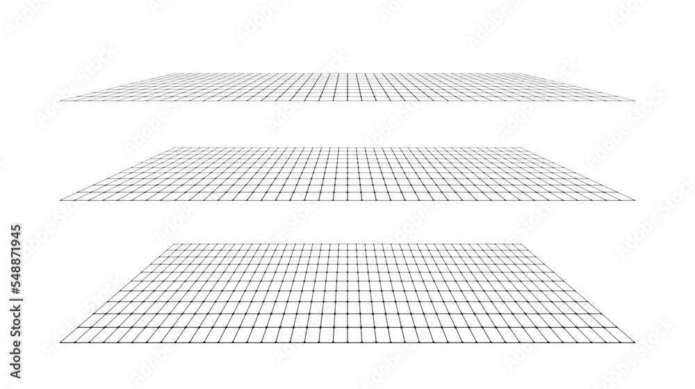 Poster Flat grid surface set. Rectangle plane in different perspective. Different angles design elements collection. Vector