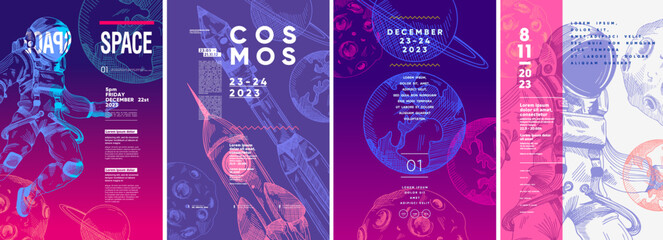 Space. Astronaut. Poster design. Set of vector illustrations. Typography. Vintage pencil sketch. Engraving style. Labels, cover, t-shirt print, painting. © Molibdenis-Studio