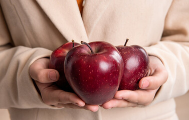 red apple in hands. hold apple in closeup. healthy apple fruits. photo of apple