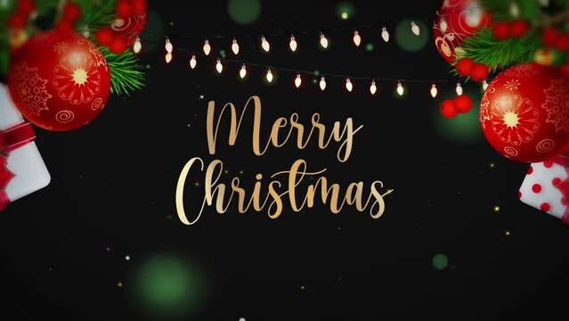 Merry Christmas golden text animation with snowing particles. 4K animation V1