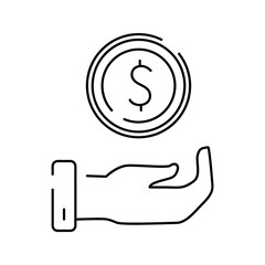 Obraz premium Saving money. Hand with coin. Vector line flat icon. Salary, sell, money, business, buy, hand line icon. Vector illustration isolated on white background