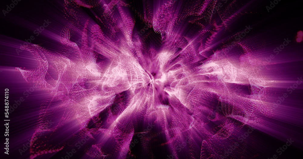 Fototapete abstract background of purple pink moving flying small wave particles from smoke with glow and blur 