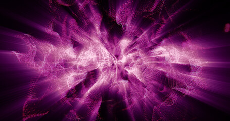 Abstract background of purple pink moving flying small wave particles from smoke with glow and blur effect of exploding sphere. Screensaver beautiful