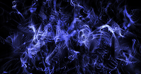 Abstract background of blue moving flying small particles or waves of smoke with a glow and blur effect. Screensaver beautiful