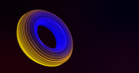 Abstract looped beautiful three-dimensional multi-colored luminous yellow-blue twisting ring 3d and lines on a dark background