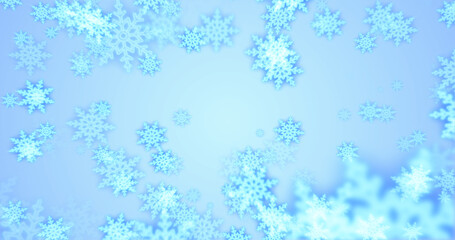 Beautiful festive blue Christmas New Year snowflakes shining falling glowing with blur effect and bokeh on blue background. Abstract background. Screensaver