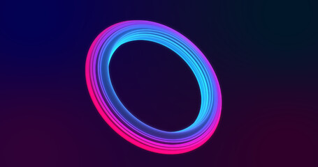 Abstract looped beautiful voluminous multi-colored luminous pink-purple twisting ring made of metal and lines on a dark background