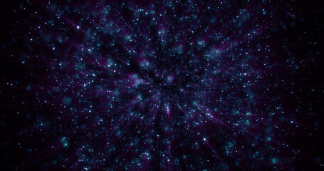 Purple and blue beautiful bright glowing shiny star particles flying in the galaxy in space energy...