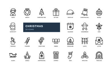 christmas xmas winter season decoration detailed outline icon set with santa, wreath, gift, hat, bauble, more. simple vector illustration