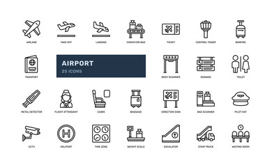 airport airplane transportation detailed thin outline icon set with passport, cabin, flight, ticket, more. simple vector illustration