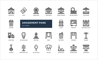 amusement park festival circus detailed outline icon set with roller coaster, merry go round, tea cup ride, more. simple vector illustration