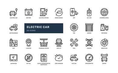 electric car battery energy power mobile automotive transportation detailed outline icon set. simple vector illustration