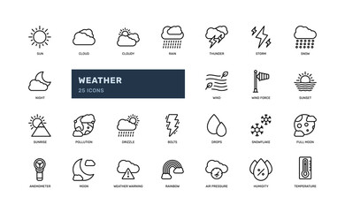 weather forecast natural detailed outline icon set with rain, sun, snow, thunder, more. simple vector illustration