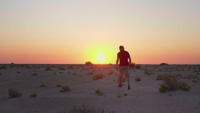 Man back view walking on sand in safari towards the sunset. Tourist in desert exploring the Chott el Djerid salt lake in Sahara.