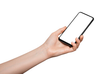 Woman's hand holding a smartphone with green screen, isolate
