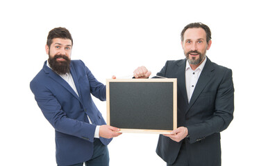 Were available. Bearded men hold blackboard isolated on white. Businessmen with blank school blackboard. Preparing blackboard for private lesson. Blackboard for support information, copy space