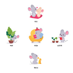 Little Mouse Demonstrating English Verbs for Educational Activity Vector Set