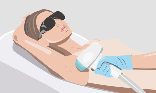 Hair removal procedure on a woman’s body. Beautician doing laser rejuvenation in a beauty salon. vector image