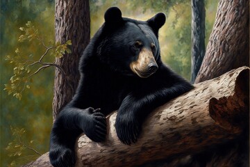 Black Bear Lying On Tree - obrazy, fototapety, plakaty