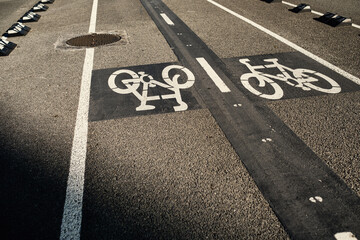 Close-up of exclusive, two-way cycle tracks on a city street in Barcelona, Spain.