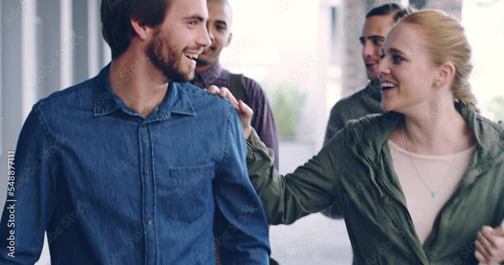 Poster university, campus and group of students walking to class or lecture. college, education and friends