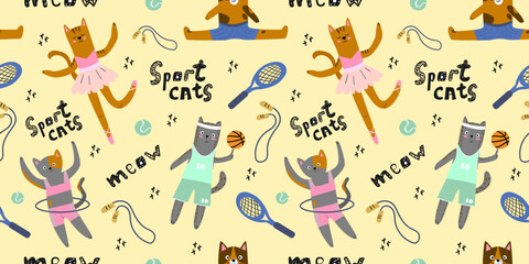 Seamless children's pattern with cute cats in different poses. Cats are athletes. Positive pattern. Creative children's texture for fabric, packaging, textiles, wallpaper, clothes. Vector illustration