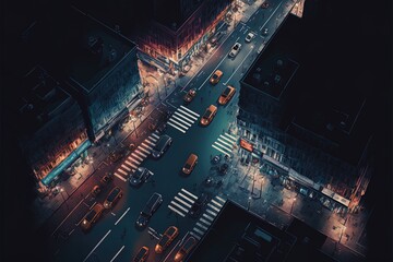 City Top View With Buildings, Cars On Road And Pedestrian Crosswalk At Night