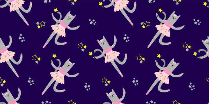 Seamless children's drawing with a cute fairy cat and stars on a blue background. Cat Ballerina. Pattern for girls. Creative children's texture for fabric, packaging, textiles, wallpaper, clothes. 