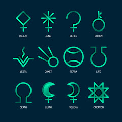 ASTEROID GODDESSES zodiac horoscope thin line label linear design esoteric stylized elements symbols signs. Vector illustration icons