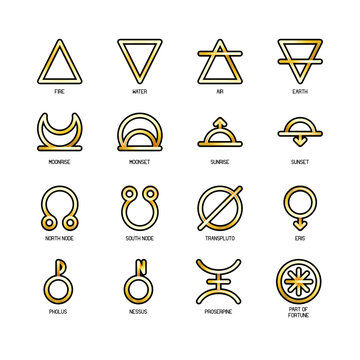 ASTROLOGY ELEMENTS zodiac horoscope thin line label linear design esoteric stylized elements symbols signs. Vector illustration icons