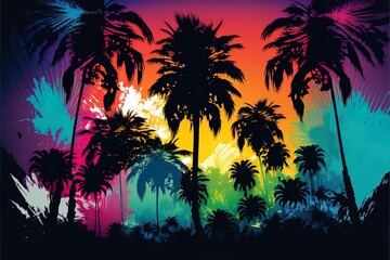 Fototapeta na wymiar Colorful Palm Silhouettes Background