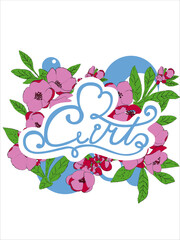 Blue letters on white with pink red flowers. Green leaves. White Blue background.